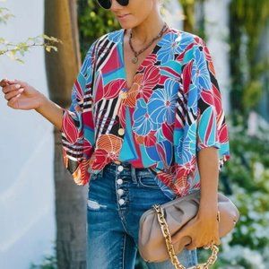 Boho Floral Print Blouse BLUE